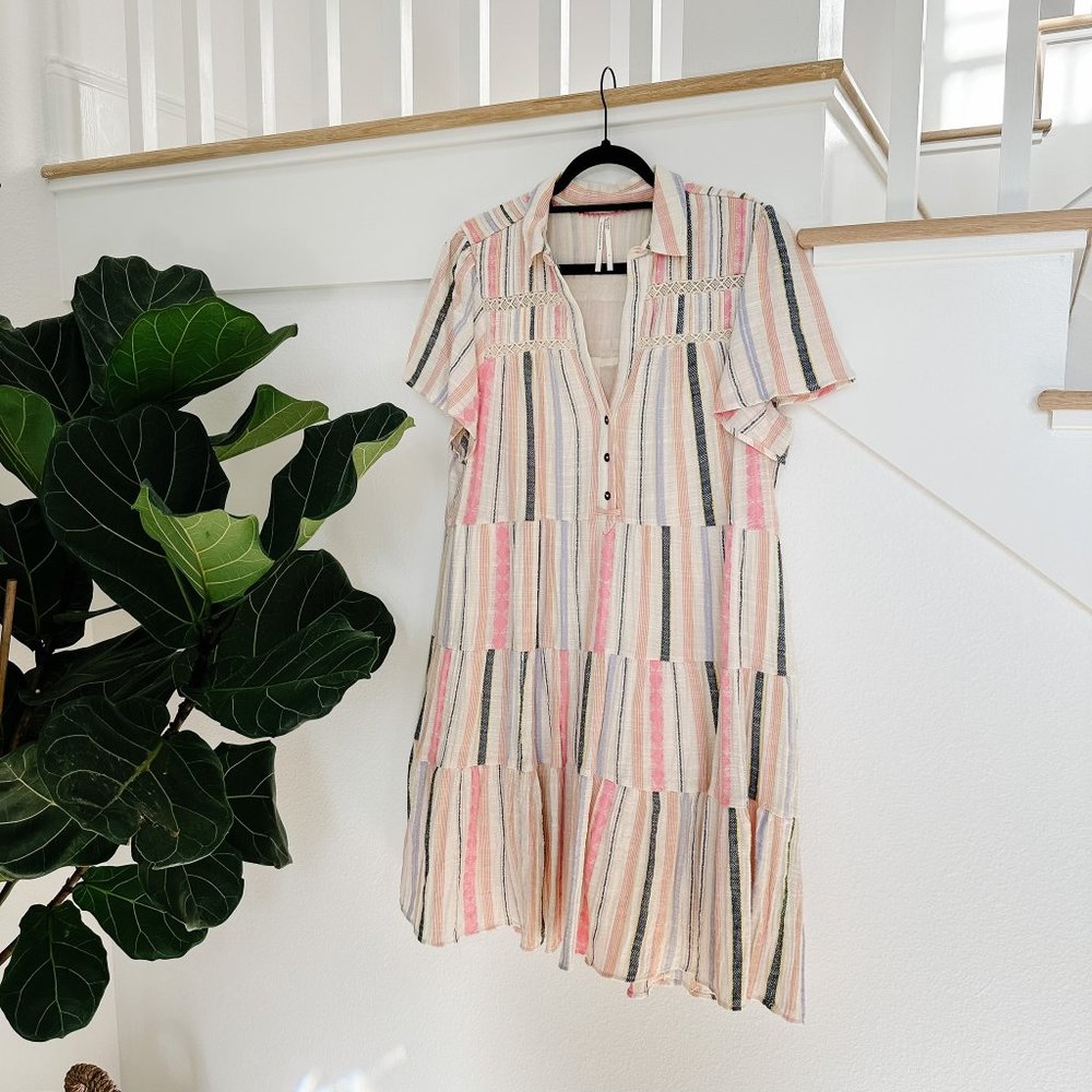 Anthropologie Georgina Tiered Shirtdress Stripe Pastel Boho Size Large